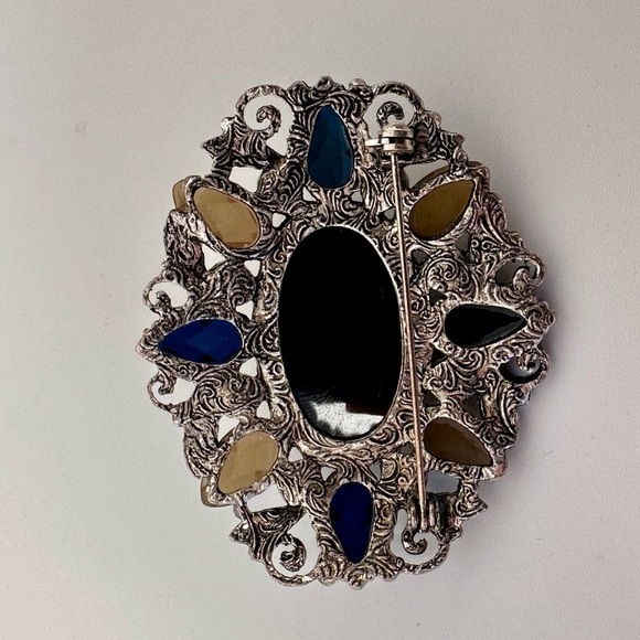 Elegant Vintage, Black and Brown Brooch with Silver Accents  3” x 2” - Picture 2 of 2